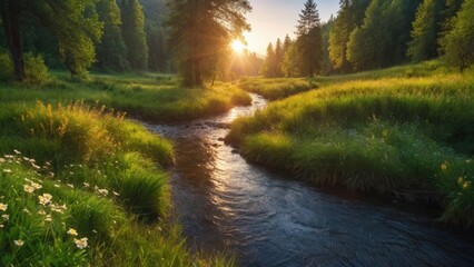 River between meadows and forests  summer