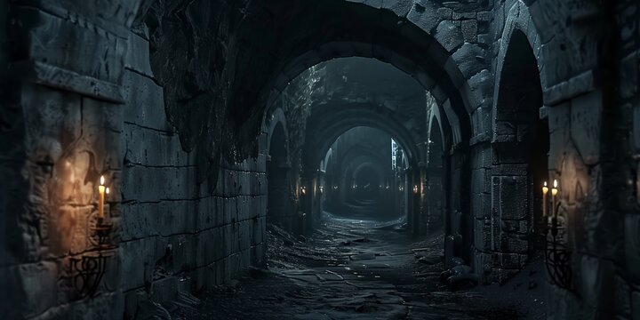 Dark dungeon illustration backgrounds, scary endless medieval catacombs with torches. Mystical nightmare concept. 