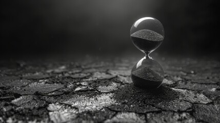 A black and white image of an hourglass with the sand grains slowly trickling down signifying the passage of time. - obrazy, fototapety, plakaty