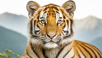 Fototapeta premium A young Bengal tiger portrait on a blurred mountain background.