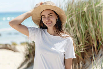 Girl with long brown hair smiling wearing a white shirt and a straw hat standing in front of the ocean.