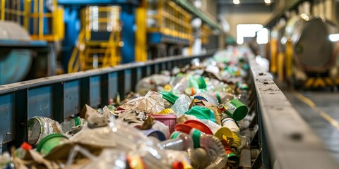 Piles of plastic bottles at the factory for processing and recycling. PET recycling plant.