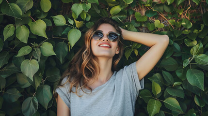 girl with brown hair wearing gray shirt and sunglasses standing in front of a wall of green leaves, smiling