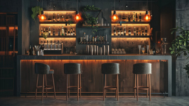 A bar with wooden chairs and a counter with a variety of liquor bottles