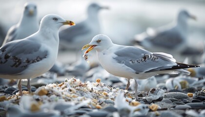 Seagulls eating shells - obrazy, fototapety, plakaty