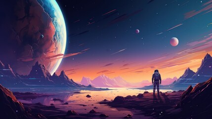 An astronaut stands on a rocky planet, looking out at a vast alien landscape. The sky is filled with stars and planets, including a large one on the left. - obrazy, fototapety, plakaty