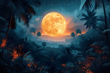 Jungle, tropical illustration. Fantasy Tropical night floral palm trees, plants, wild animals,