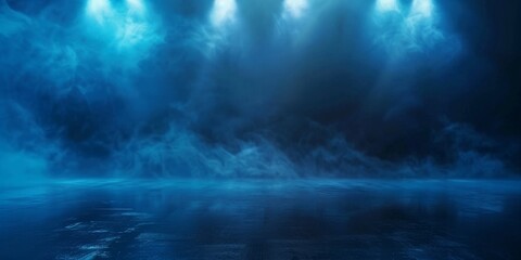 Abstract image of dark blue smoky backgrounds with light rays for product display. Black room or stage background for show or showcase.Panoramic view of the abstract fog mist clouds.