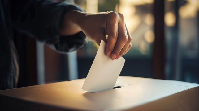 Hand placing voting ballot in ballot box on blurred polling place, concept of a person voting during elections