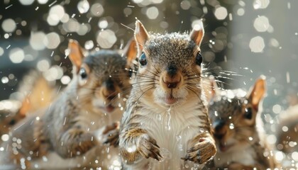 squirrels in the rain - obrazy, fototapety, plakaty