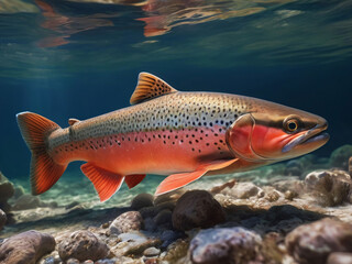Trout Swimming Hunting For Food In Its Natural Habitat Underwater Photography Style 300 PPI High Resolution Image