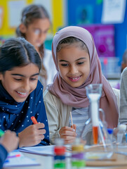 Two curious schoolgirls with hijabs smiling while participating in a science experiment in a colorful classroom setting.