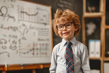 Portrait of a young boy wearing glasses and a tie standing in front of a whiteboard.