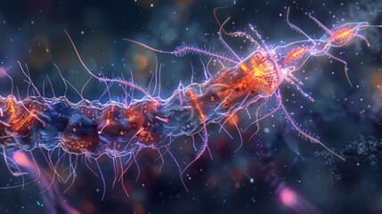 Obraz premium This image captures the intricate behavior of a singlecelled protozoa as it engulfs a smaller microbe using its long cilia to capture