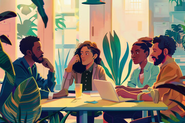 A focused creative team engaged in a brainstorming session in a plant-filled cozy workspace environment. Diversity people in corporate.