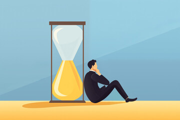 Business graphic vector modern style illustration of a business person next to a sand egg timer deadline waiting edging away looming goal waiting for action indecisive payment invoice presentation