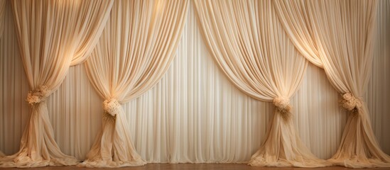 Room with peach tint curtains, hardwood floor, chic interior design