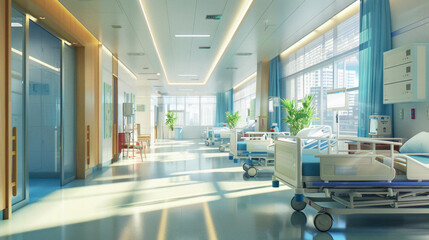 A hospital room with a bed and a plant