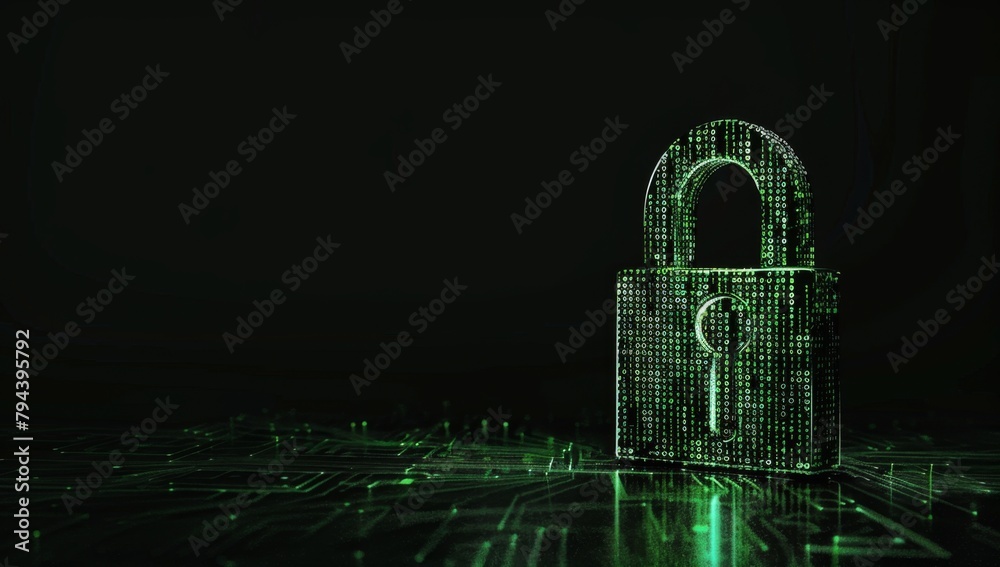 Poster lock made of binary code on a black background, concept of security, digital technology and data pro