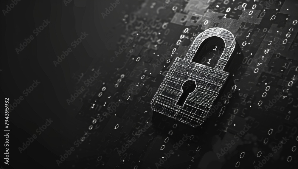 Poster a digital padlock symbol made of binary code on a black background, representing security and data p