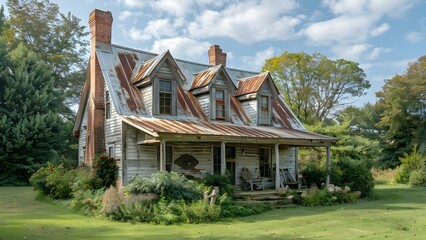 Fototapeta na wymiar Weathered vintage farmhouse with charming rural homestead appeal and gabled roof. Concept Vintage Farmhouse, Rural Homestead, Gabled Roof, Weathered Charm
