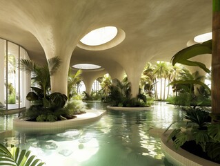 A large indoor pool with a tropical theme. The pool is surrounded by trees and plants, and the water is clear and inviting. The atmosphere is serene and peaceful, making it an ideal place to relax