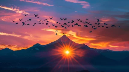Foto auf Acrylglas The muted blurred mountain peak creates a serene ambiance as the fiery sun sets in the distance casting a colorful glow over the birdfilled skies. . © Justlight