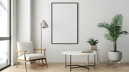 Minimalistic office setting with pops of color and a pristine white frame, inviting focus and...