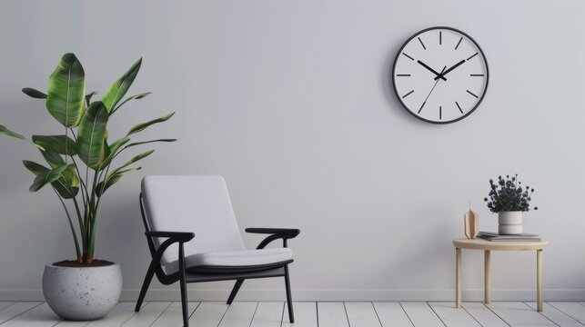 Blank mockup of a classic black and white wall clock with a round face and simple elegant design. .