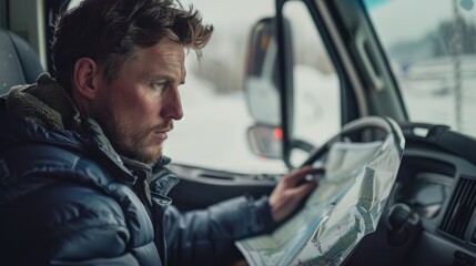 A man seated in a trucks drivers seat, engrossed in reading a map for route planning
