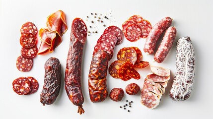Assorted dry cured sausages including fuet and chorizo sliced on a white surface - obrazy, fototapety, plakaty