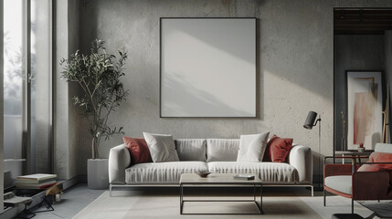 Minimalistic elegance defines the aesthetic of a well-appointed living room with an empty frame mock-up. - obrazy, fototapety, plakaty