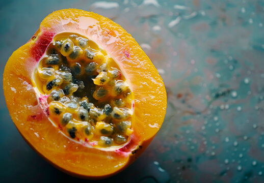 Half of juicy ripe maracuja, top view, close-up. Golden passion fruit on delicate blue background. Advertising shot.