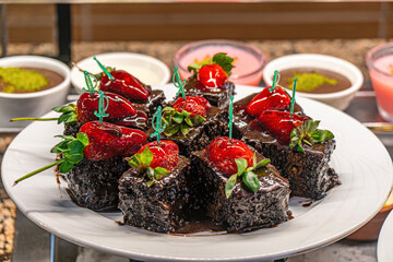 Delicious foods, fruits, cold appetizers and deserts from open buffet of the 5 star hotel