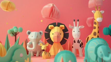 Obraz premium Abstract paper shapes morphing into cute animals in a 3D animation AI generated illustration