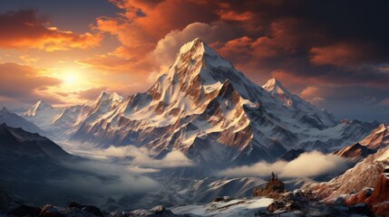 Mountain landscape at sunset. Panorama of Himalaya mountains. Majestic Mountain Sunset - obrazy, fototapety, plakaty