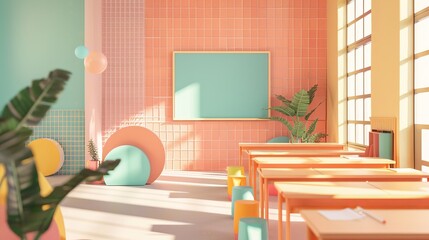 Abstract shapes and bright colors in a 3D interpretation of a classroom setting  AI generated illustration