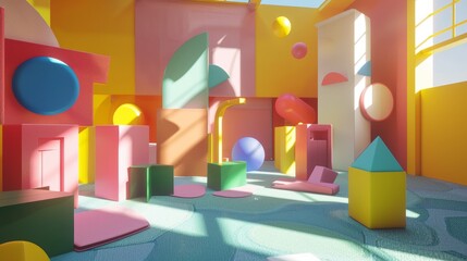Abstract shapes and bright colors in a 3D representation of a classroom  AI generated illustration