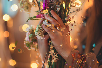 A woman is holding a bouquet of flowers in her hands. The flowers are a mix of different colors and types, and they are arranged in a way that makes them look like they are blooming