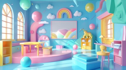 Abstract shapes and cute characters in a 3D representation of a classroom setting  AI generated illustration