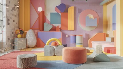 Abstract shapes and quirky designs in a 3D render of a classroom setting  AI generated illustration
