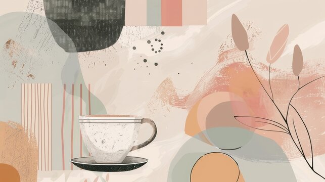 Abstract shapes and pastel colors come together in a cute coffee-inspired artwork  AI generated illustration