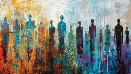 Illustration of colorful individuals celebrates diversity, embodying unity and inclusion in dynamic harmony. - obrazy, fototapety, plakaty