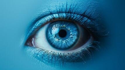 The close-up the eyes are blue against the background of blue skin. The concept of avatar, surrealism, dreams and imagination. - obrazy, fototapety, plakaty