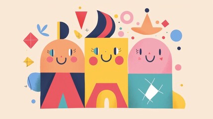 Adorable family of abstract geometric shapes in cute style  AI generated illustration