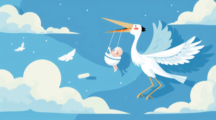 Obraz premium Illustration of a stork and a baby in the sky among the clouds on a soft blue background