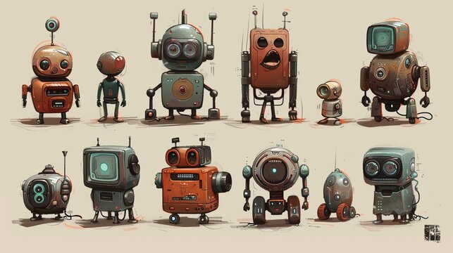 Adorable robots and gadgets in a whimsical style  AI generated illustration