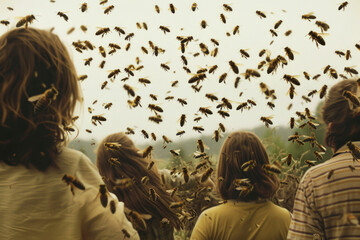 A swarm of bees attacks a group of people
