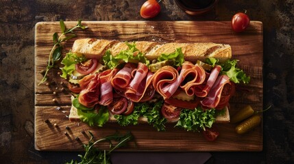Overhead view of a sandwich cut in half and placed on a wooden cutting board - Powered by Adobe