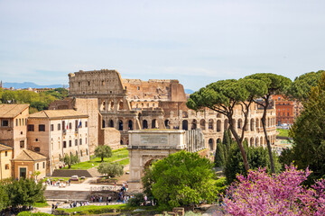 View of the Roman forum with the Colosseum in the background